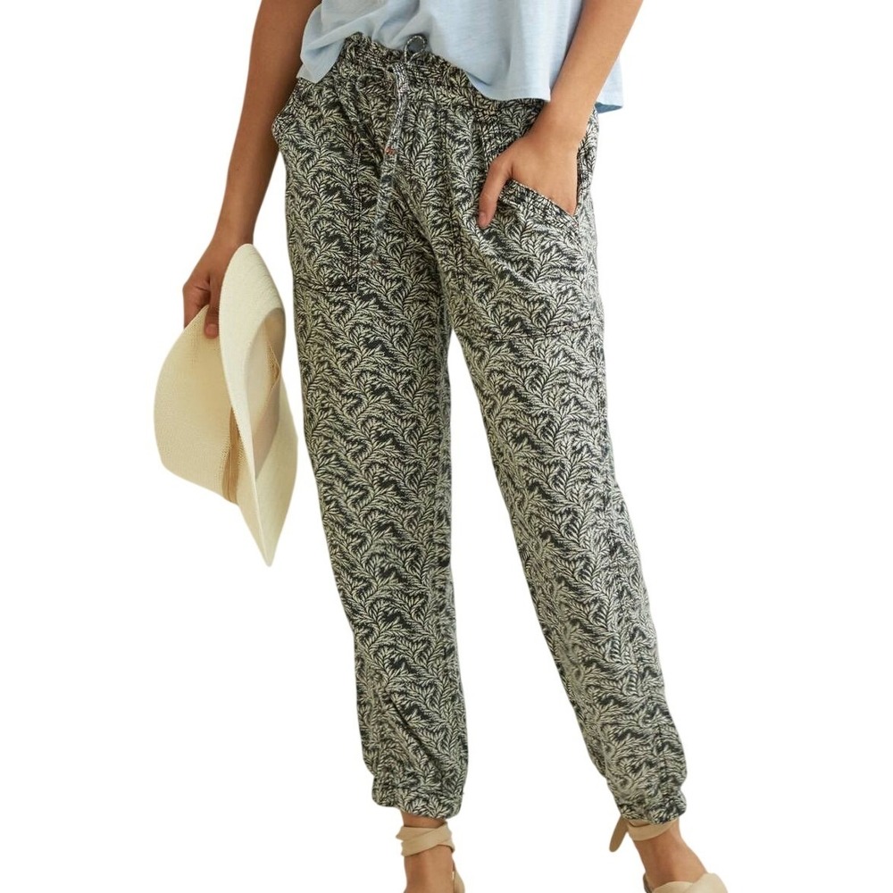 Anthropologie‎ White Blue Black Print Linen Blend Jogger Pants Womens Small boho